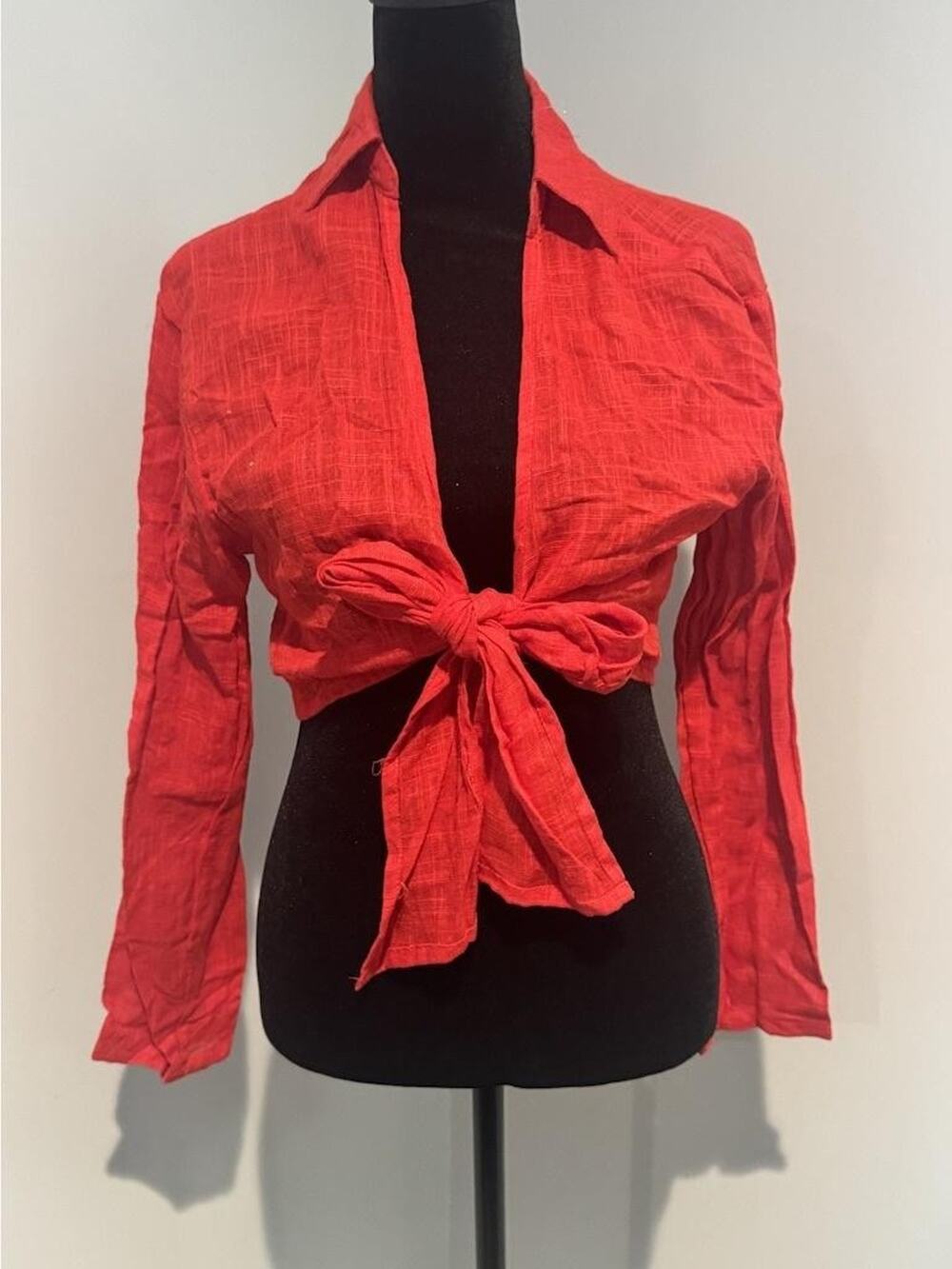 Better / Together Blouse Womens XS Red Cropped Tie Front Collared Long Sleeve